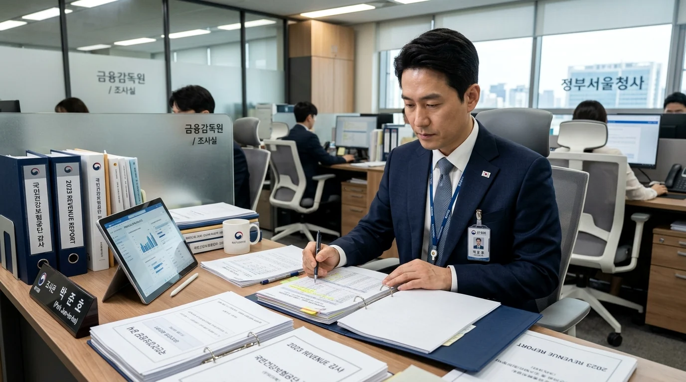 금융감독원 보험조사실에서 가짜 간병인 영수증 및 부당 청구 내역을 정밀 조사하는 감독원 조사관 실사