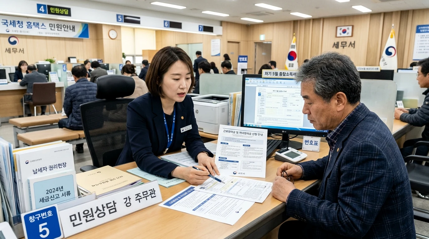 국세청 세무서 민원봉사실 창구에서 근로장려금 신청 안내 서류를 확인하며 상담을 진행하는 세무 공무원과 민원인 실사