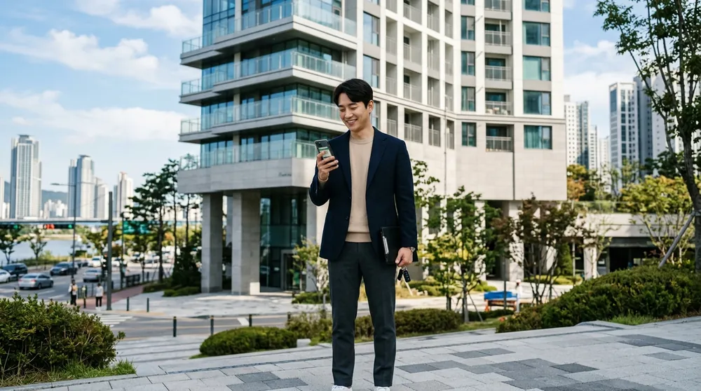 신축 고층 아파트 단지 앞에서 주택담보대출 승인 알림을 확인하고 안도하는 30대 남성