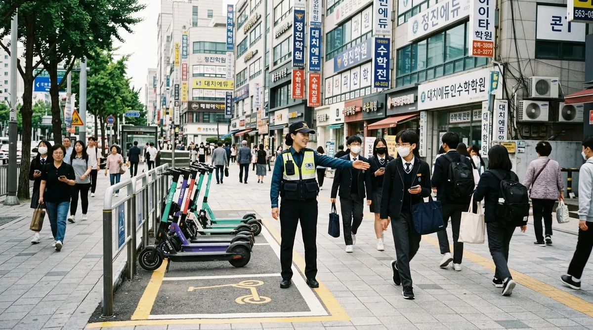 서울 강남 대치동 학원가 보행로에서 경찰관이 킥보드 없는 거리 지정 구간과 학생들의 안전 보행을 지도하는 모습