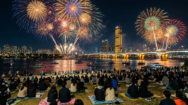 2026 서울세계불꽃축제 한강공원 관람 인파와 불꽃놀이 실사