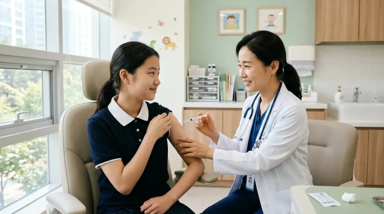 소아청소년과 클리닉에서 14세 중학생이 인플루엔자 독감 국가무료접종 백신을 안전하게 접종받는 모습