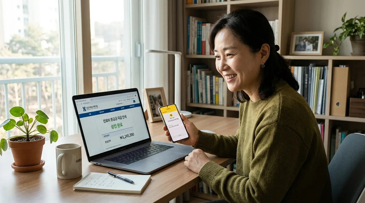 건강보험심사평가원 포털에서 과다본인부담금 환불 결정 통보서와 은행 계좌 입금 알림을 확인하고 안도하는 실사