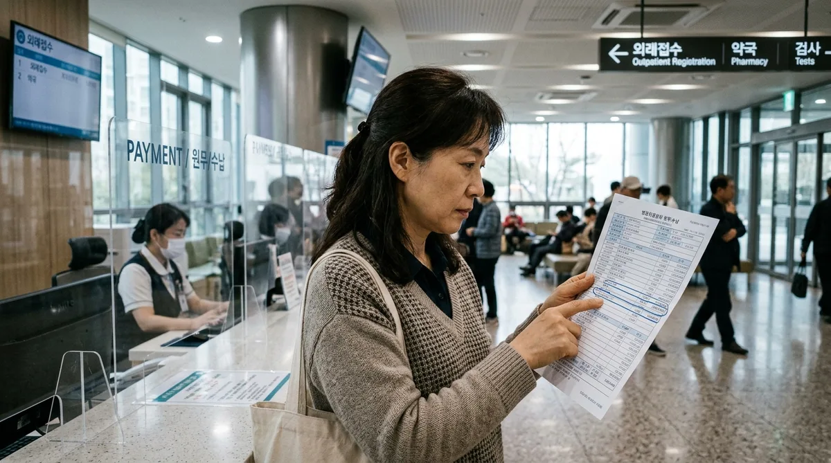 한국 종합병원 원무수납 창구에서 환자 보호자가 고액 비급여 진료비 계산서 영수증 내역을 확인하며 의문을 품는 모습 실사
