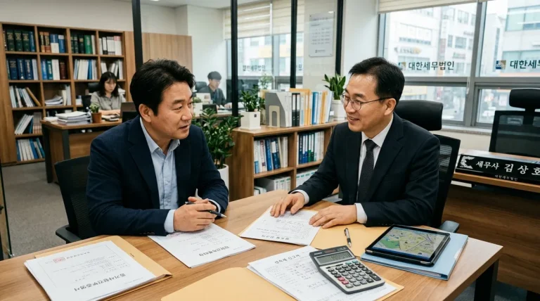세무사 사무실에서 상속인이 아파트 등기 서류와 상속세 신고서를 검토하며 상담받는 모습