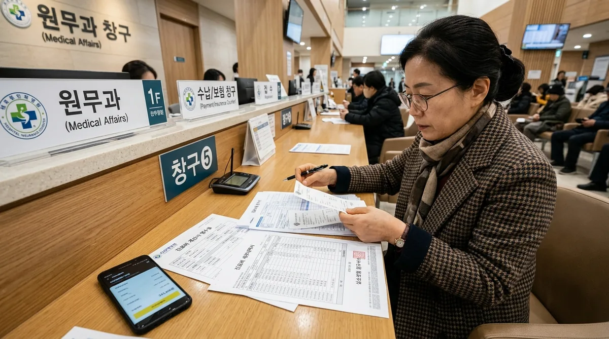 병원 원무과 창구에서 실손보험금 청구 서류와 진료비 세부내역서를 꼼꼼히 확인하는 환자 실사