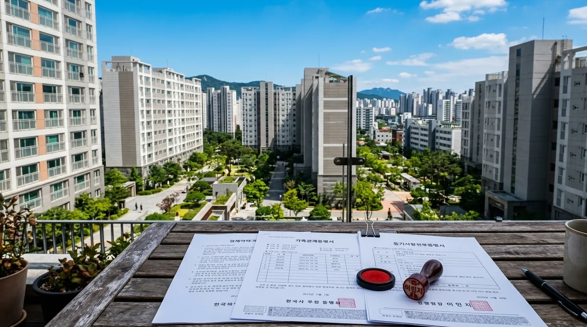 아파트 단지 전경과 등기부등본 및 가족관계증명서 서류가 놓여있는 모습