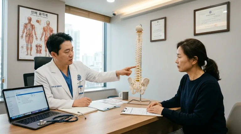 정형외과 진료실에서 척추 모형을 통해 도수치료 치료 계획을 환자에게 설명하는 전문의 실사