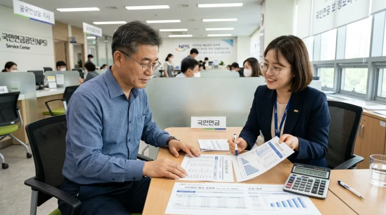 국민연금공단 지사 상담 창구에서 은퇴자가 조기연금 예상 수령액 표를 확인하는 모습