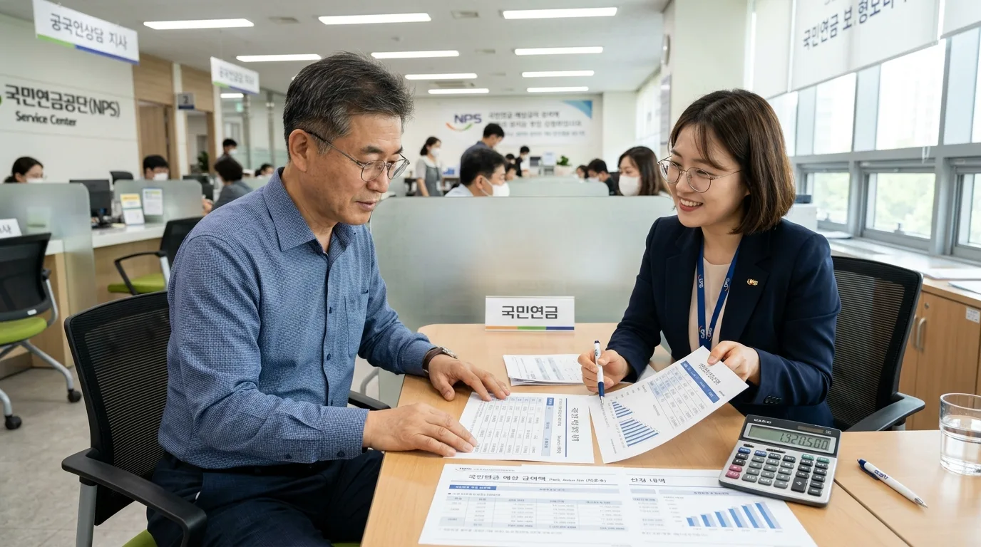 국민연금공단 지사 상담 창구에서 은퇴자가 조기연금 예상 수령액 표를 확인하는 모습