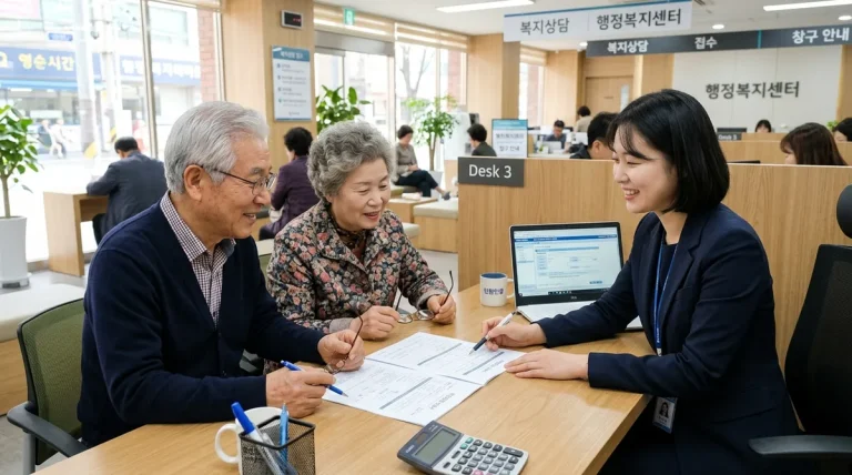 행정복지센터 복지 창구에서 2026 정부 요양병원 간병비 지원 상담을 받는 어르신 부부 실사