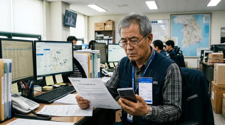 60대 은퇴자가 재취업 근무지에서 국민연금 소득활동 감액 안내문과 스마트폰 알림을 확인하며 고심하는 모습 실사