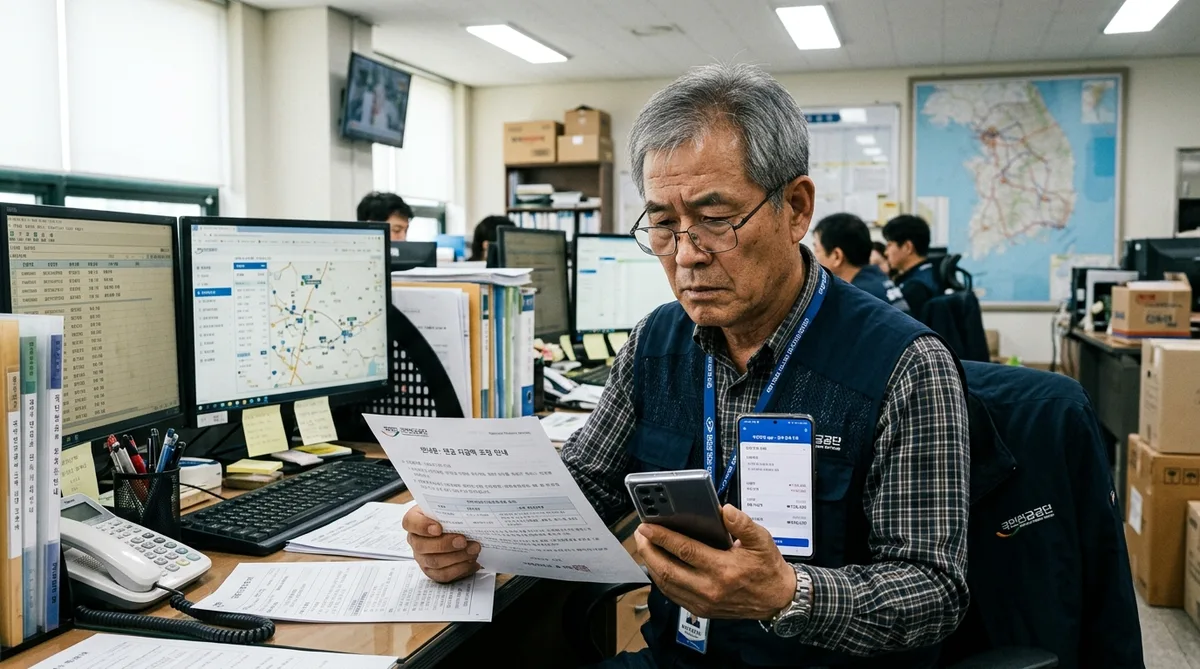 60대 은퇴자가 재취업 근무지에서 국민연금 소득활동 감액 안내문과 스마트폰 알림을 확인하며 고심하는 모습 실사