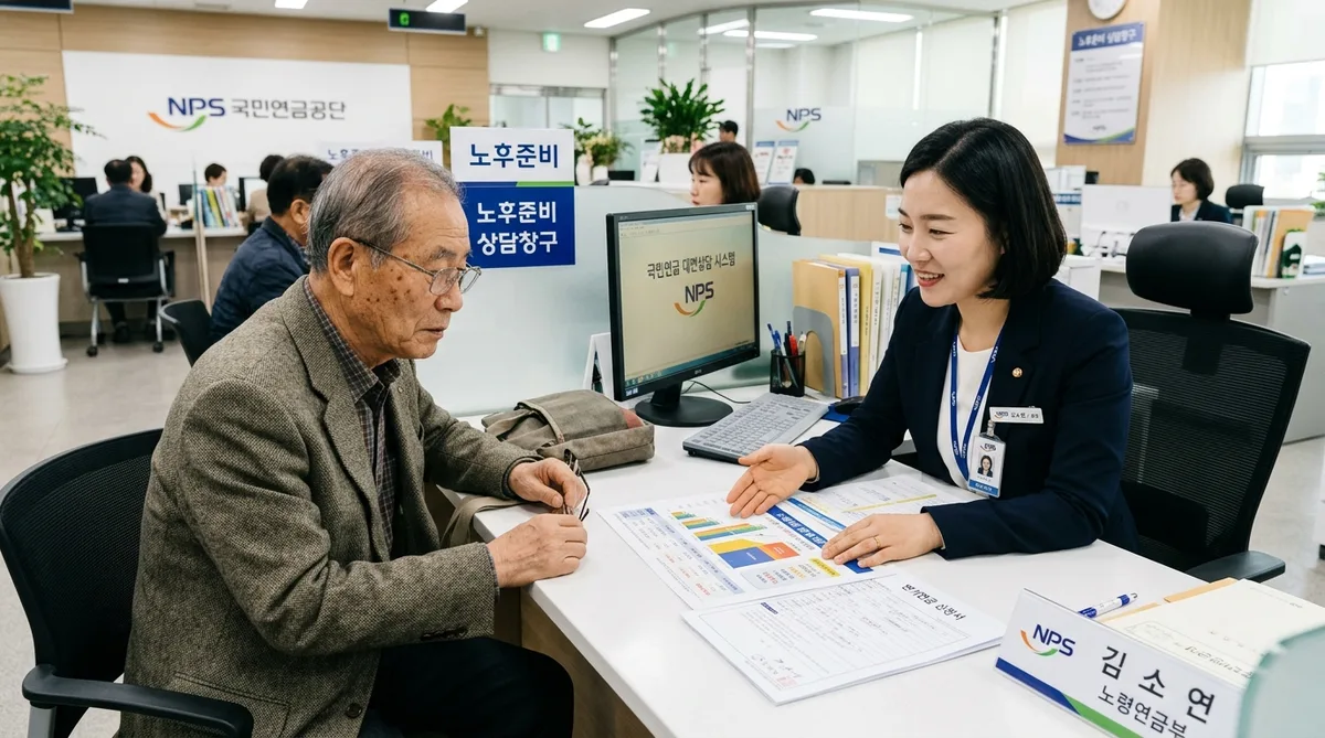 국민연금공단 지사 노후준비 상담창구에서 전문 상담관이 연기연금 신청서와 노령연금 증액 시뮬레이션 표를 설명하는 실사