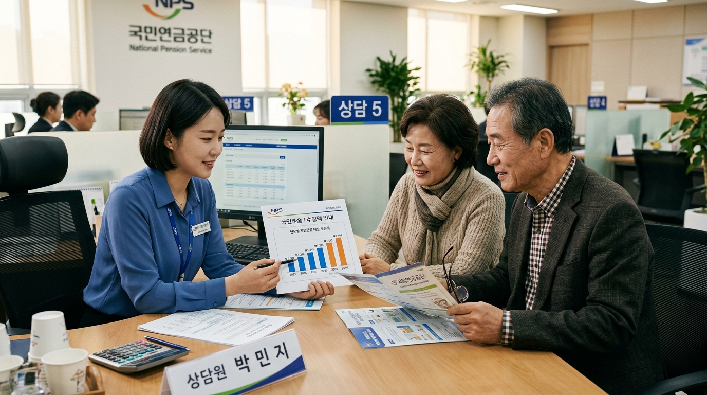 국민연금공단 창구에서 연기연금 상담 중인 60대 부부