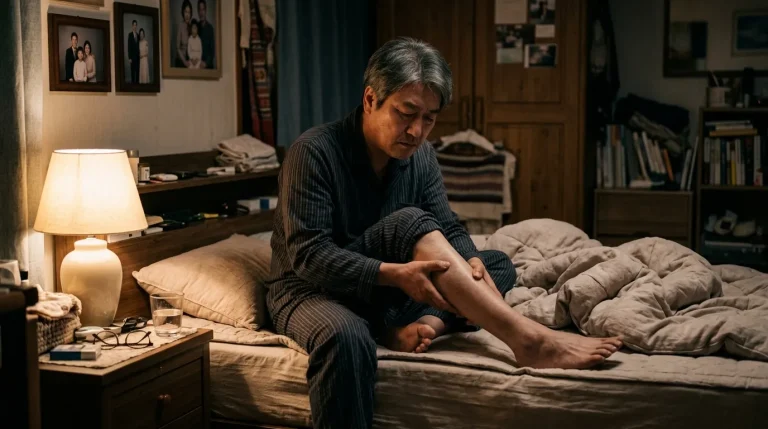 야간 침실에서 다리 경련과 저림으로 종아리를 마사지하는 중장년 모습