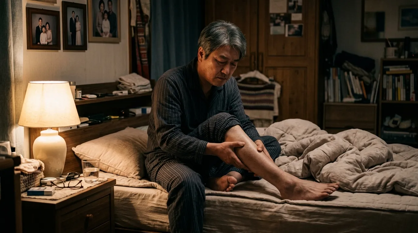 야간 침실에서 다리 경련과 저림으로 종아리를 마사지하는 중장년 모습