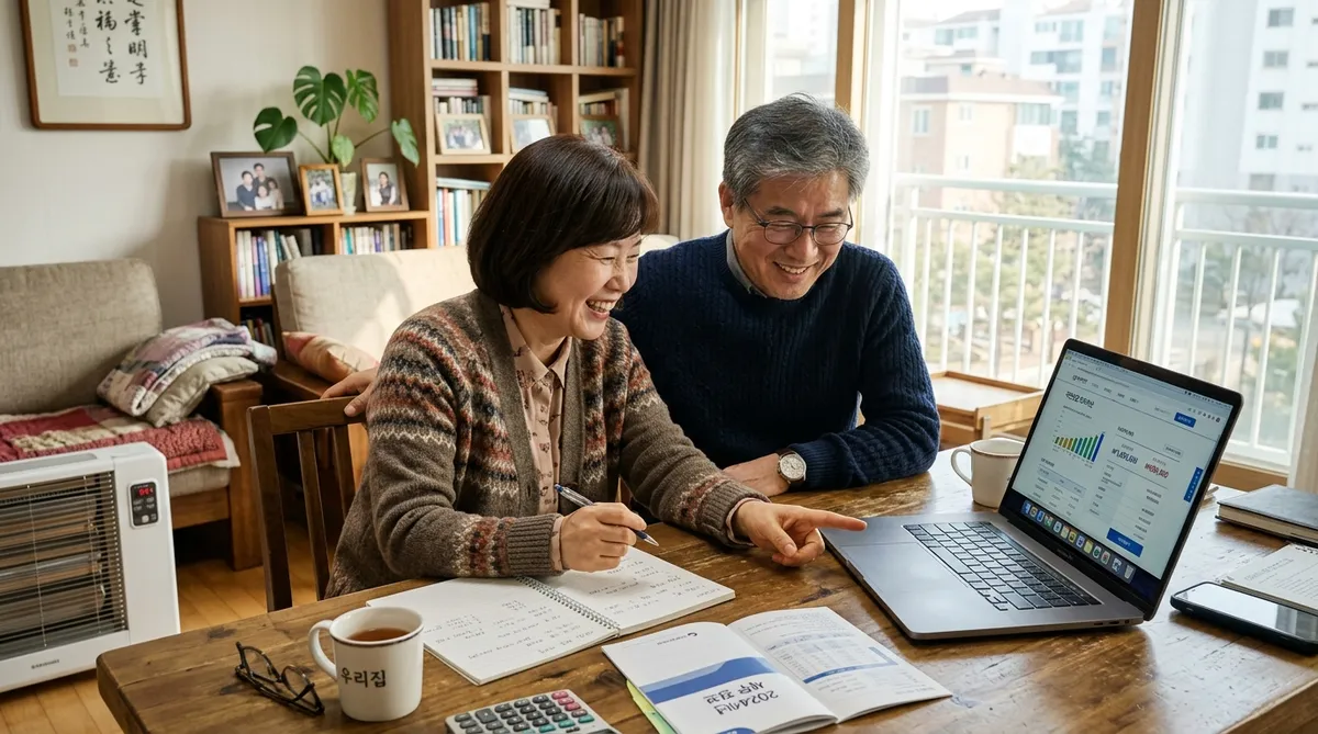 은퇴 부부가 집에서 노트북으로 IRP 연금 분할 수령 시뮬레이션을 확인하는 모습