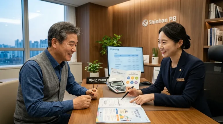 은행 PB 상담실에서 퇴직자가 퇴직소득세 내역서와 IRP 연금 상품 안내장을 보며 상담받는 모습