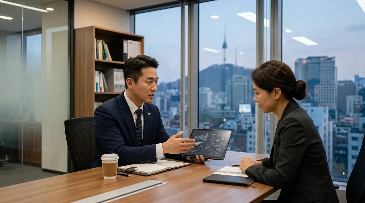 세무사 사무실에서 전문 세무사가 주택 양도세 비과세 특례를 태블릿으로 상담하는 모습