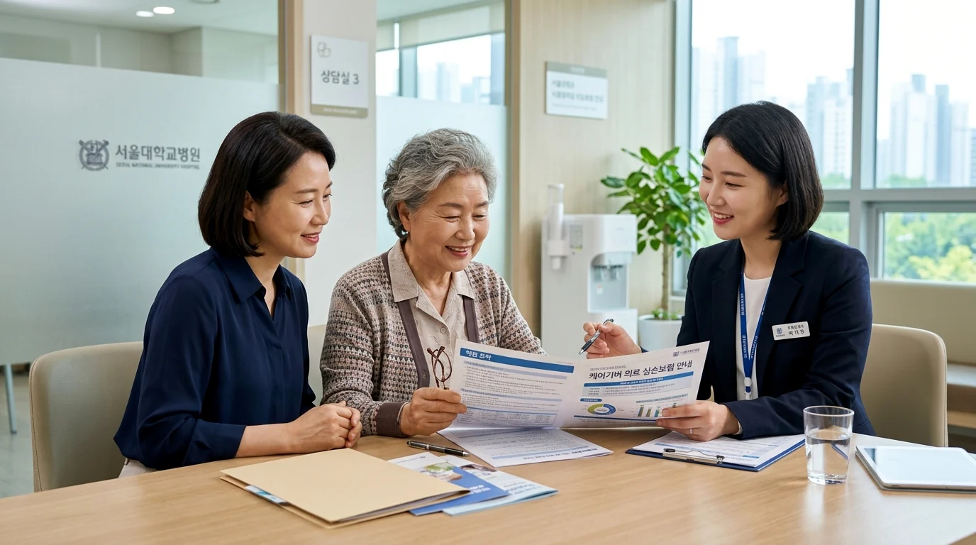 병원 상담실에서 어르신과 가족이 금융 전문 상담사로부터 합법적인 간병비 지원 및 간병보험 청구 절차를 안내받는 실사