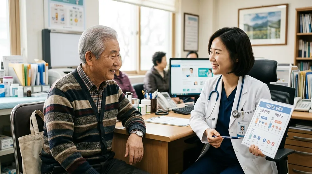 동네 병의원 진료실에서 65세 이상 어르신이 전문의와 독감 및 코로나 백신 동시접종 일정을 상담하는 모습