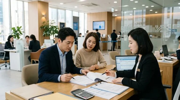시중은행 창구에서 3040 부부가 스트레스 DSR 3단계 대출 한도 축소와 주택담보대출 서류를 상담하는 모습