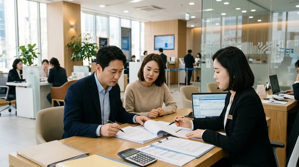 시중은행 창구에서 3040 부부가 스트레스 DSR 3단계 대출 한도 축소와 주택담보대출 서류를 상담하는 모습