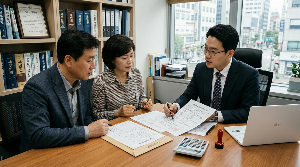 세무사가 1세대 1주택 실소유자에게 12억 초과 고가주택 양도소득세 안분 계산과 장기보유특별공제 실거주 요건을 컨설팅하는 모습 실사