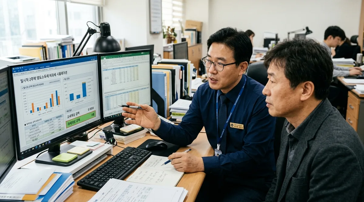 전문 세무사가 듀얼 모니터에서 일시적 2주택 양도소득세 비과세 0원 시뮬레이션 표를 의뢰인에게 설명하는 실사