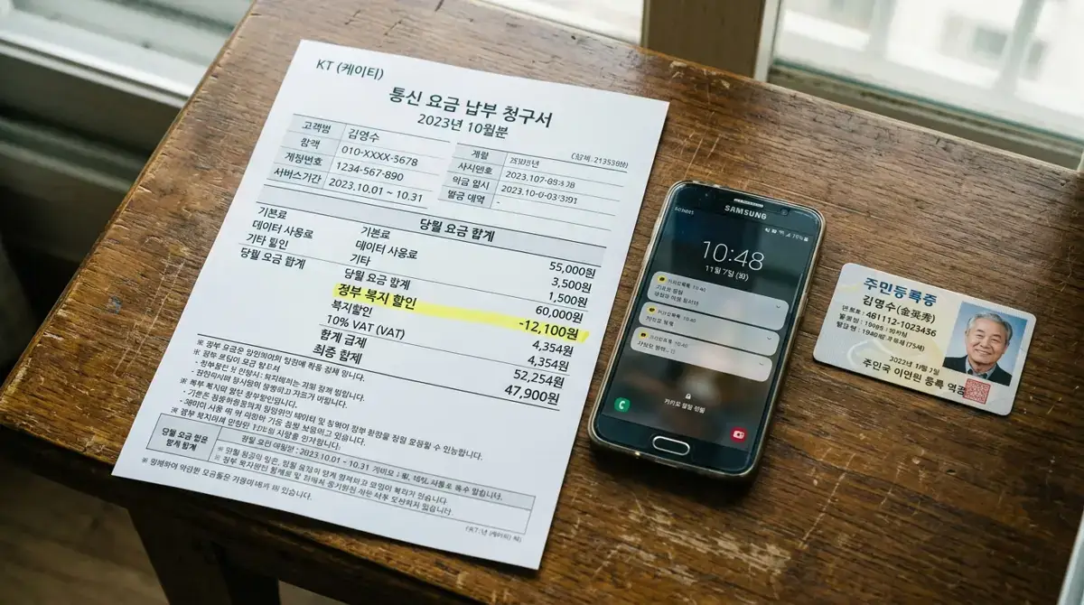 “어르신 휴대전화 요금 매달 1만 2,100원씩 그냥 깎아준다?” 2026 기초연금 수급자 통신비 감면 혜택과 복지로·이통사 대리점 1분 원스톱 신청 가이드 보조 통계 및 현장 인포그래픽