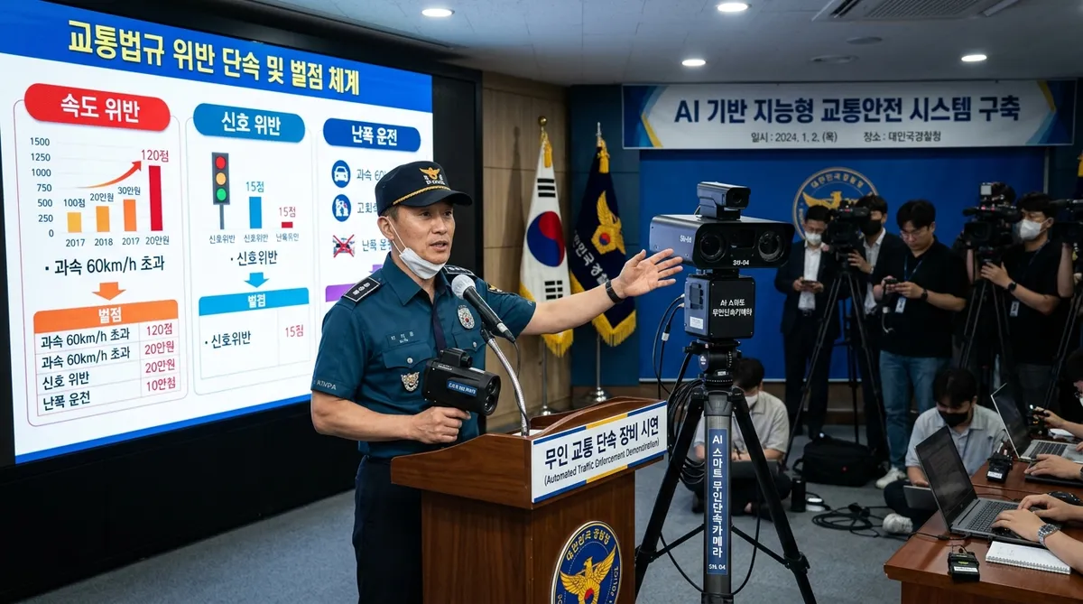 경찰청 브리핑 룸에서 AI 무인 교통 단속 장비와 교통법규 벌점 기준을 설명하는 모습